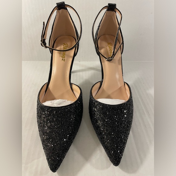 RIBONGZ Women's Black Sparkly High Heels Ankle Strap Shoes, Size 8 - Picture 4 of 5